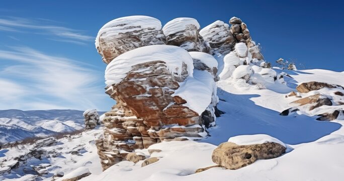 Winter's Sculpture - Snow covered rock formation on mountain. Generative AI