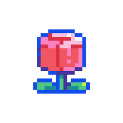 Pixel art Tulip Icon. Vector Pixel 8bit Tulip Bud. 80s 90s Retro Game Decor For Valentine's Day. Pixelated Pink Flower Sticker Illustration on white background.	