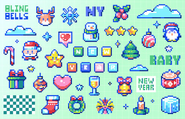 Fototapeta na wymiar Pixel art New Year and Xmas Element Set. 8bit Retro Game Elements like Present Box, Santa, Rudolph Reindeer, Ornaments and Toys, Candle, Sock. Vector Graphic For Game, Decoration, Emoji, Stickers.