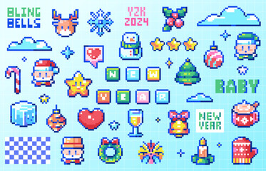 Pixel Art Winter Set. 8bit Elements for Christmas and Happy New Year Celebration. Retro Game Santa Claus, Snowman, Candy Cane, Ice, Snowflake, Elf, Toys. Vector graphic for decoration, stickers.	