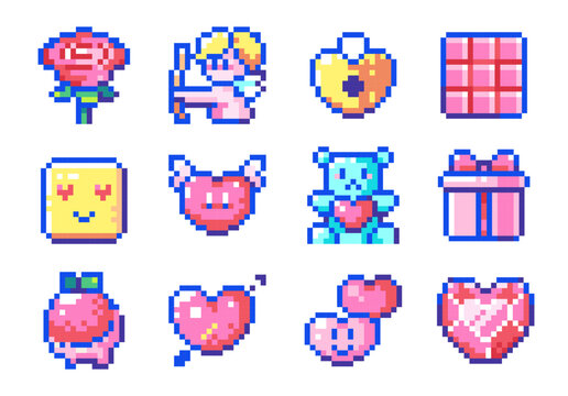 Pixel Art Pink Love and Valentine's Day Hearts Icons. 8 bit style stickers of 8bit pixel heart, flower, sweet desserts, strawberry, plus bear toy, gift box, heart crystal jewel, heart cute lock, 