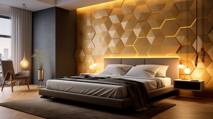 Radiant golden hexagonal wallpaper, seamlessly blending with the warm tones of a cozy bedroom,...