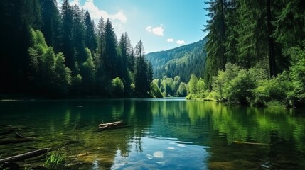 The magnificent lake in the deep forest The lake in the middle of lush trees Lake landscape in the forest A magnificent landscapes looking nice.