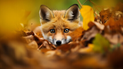 A curious fox peeking out from behind autumn leaves in a forest.