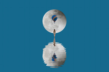 A woman walking and a balloon in the moon background. Manipulation image.