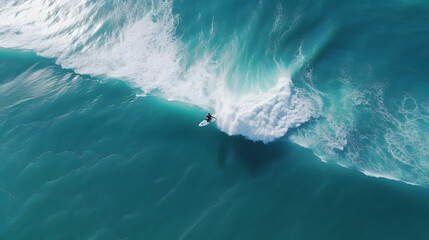 Aerial view of a surfer catching a wave in the blue ocean. - obrazy, fototapety, plakaty