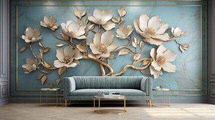 Transform your space with a stunning 3D wallpaper capturing the essence of a floral tree, boasting silver-blue flower leaves and a radiant gold stem