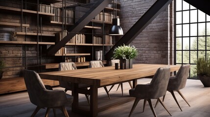 Fototapeta na wymiar modern wooden table in the loft interior