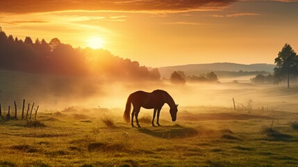 Fototapeta na wymiar The Enigmatic Beauty of Arabian Horses on a Misty Field Under Orange Sundown Rays