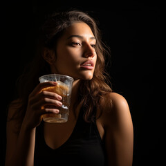 Chilled Moments: A Casual Latino Young Woman Savoring Iced Coffee, Gazing Upward with a Wondering Expression - Enhanced by Rim and Back Light Against a Stylish Black Background