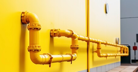 Pipeline Perspective - Yellow gas pipe in front of residential building wall. Generative AI - obrazy, fototapety, plakaty