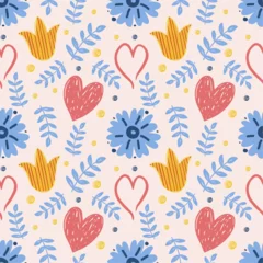 Foto op Canvas Seamless floral pattern with hand drawn bright flowers, leaves and heart. Spring blossom background perfect for fabric design, wallpaper, apparel, vector illustration © Irina