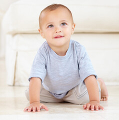 Fototapeta premium Cute, sweet and young baby at his home playing for child development and growth. Face, youth and happy boy newborn, infant or kid having fun and crawling on the floor in living room of a modern house