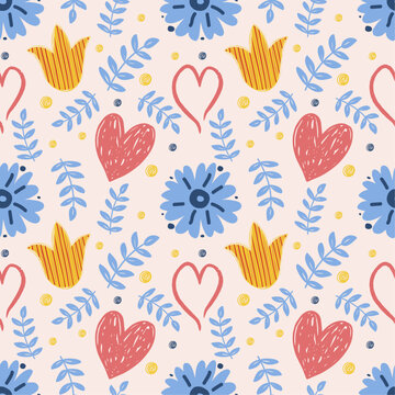 Seamless floral pattern with hand drawn bright flowers, leaves and heart. Spring blossom background perfect for fabric design, wallpaper, apparel, vector illustration
