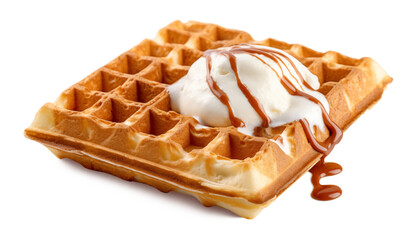 belgian waffles with ice cream and caramel syrup isolated on a white transparent background, png.