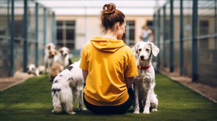 A Young Woman's Journey of Caring and Engaging with Dogs in an Animal Shelter - obrazy, fototapety, plakaty