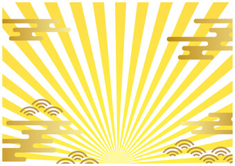 雲海の華やかな放射状の和柄年賀状背景素材黄色 - obrazy, fototapety, plakaty