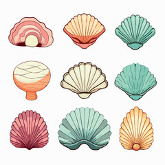 Sea shells set of 9 flat vector illustration. Sea shells set of 9 hand drawing isolated vector illustration - obrazy, fototapety, plakaty