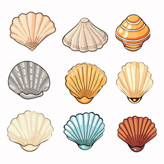 Sea shells set of 9 flat vector illustration. Sea shells set of 9 hand drawing isolated vector illustration