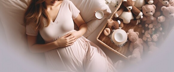 Expectant mother waiting and preparing for baby birth during pregnancy. Mother with wicker basket of cute tiny stuff and teddy bear toy for newborn