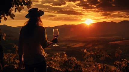 Fotobehang An Enchanting Scene of Wine Tasting in the Vineyards Under the Fading Sun © Gasspoll