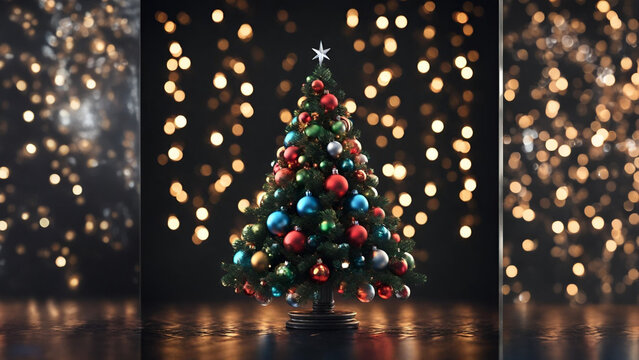a christmas tree with ornaments and lights on it, a 3D render, pixabay contest winner, computer art, bokeh, black background, behance hd