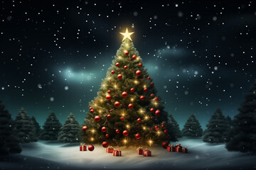 christmas tree background with holiday winter decoration and shiny lights