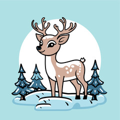 cute deer icon vector thick outline on winter