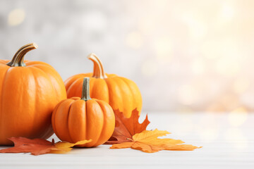 Fall background with orange pumpkins and fall leaves on beige background wallpaper