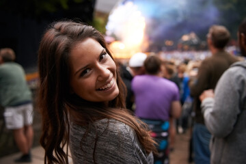 Excited woman, portrait and face at outdoor music festival for party, event or DJ concert in...