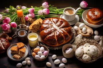 Tuinposter flat lay top view on a fluffy round wheat yeast brioche pastry with whimsical pattern on wooden table, surrounded by colored easter eggs and spring dishes, clean rustic setting. © Romana