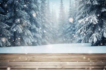 Winter xmas background with empty space on table top in front. Christmas horizontal blank scene. Wooden table top in front, blurred сhristmas tree in the snow. 