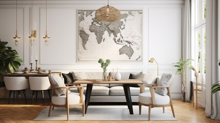 Stylish and eclectic dining room interior with mock up poster map, sharing table design chairs, gold pedant lamp and elegant sofa in second space. White walls, wooden parquet - obrazy, fototapety, plakaty