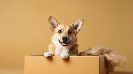 Cute dog breed welsh corgi sitting in cardboard box. Playful dog smiling gets out of a rectangular container.  Surprise, present, gift wrapped. Space for text, front view. Advertising