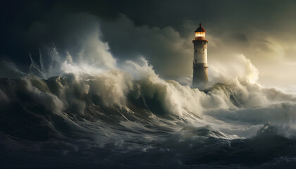 lighthouse in storm over the ocean - Powered by Adobe