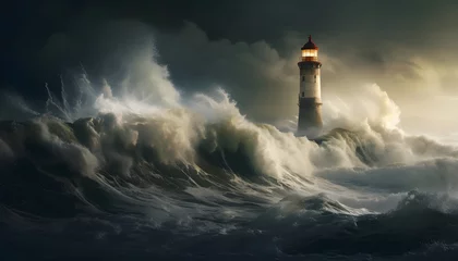 Muurstickers lighthouse in storm over the ocean © Gunes
