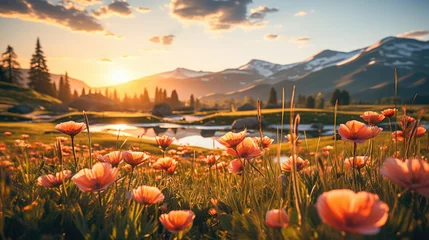 Fototapeten Spring Wildflowers in the Glow of a Mountain Lake Sunset © KAI