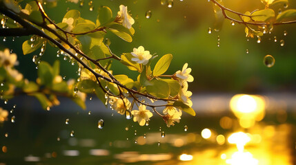 Golden Hour  Raindrops on Spring Flowers Blossoms by the Lake