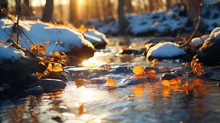 Fotobehang  Golden Sunset over Spring Stream With Budding Trees Along the  Banks with Melting Snow, Forest Creek © KAI