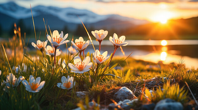  Spring Wildflowers in the Glow of a Mountain Lake Sunset