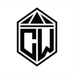 CW Letter Logo monogram simple hexagon shield shape with triangle crown isolated style design