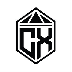 CX Letter Logo monogram simple hexagon shield shape with triangle crown isolated style design