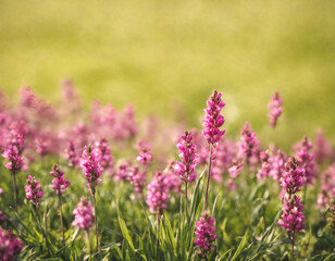 Obraz premium Pink flowers in a field. Defocused background. Warm and bright nature image.