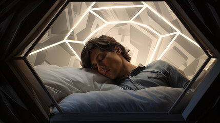 A person resting inside a futuristic sleep pod. - obrazy, fototapety, plakaty