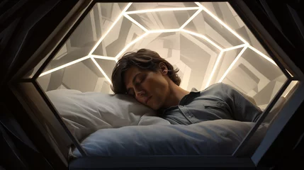 Foto op Canvas A person resting inside a futuristic sleep pod. © RISHAD