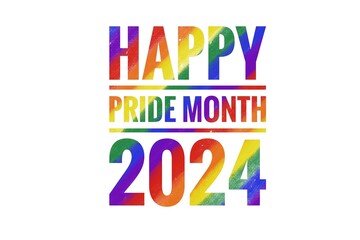 Colorful text Happy Pride Month 2024. White background.