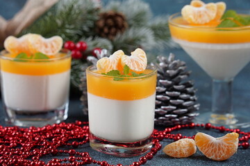 Panna cotta with tangerines jelly and mint, Italian dessert, homemade cuisine. On the background are branches of a green Christmas tree.