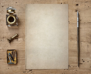 Old Fountain pen, quill pen, and old paper blank sheet and vintage inkwell on wooden desk in the old office . Retro style. Conceptual background on history, education, literature topics. - obrazy, fototapety, plakaty