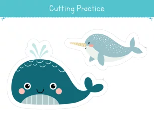 Draagtas Cutting practice activity for kids with cute blue whale and narwhal. Sea animals worksheet for preschool and kindergarten © pilarrond