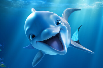 cartoon illustration of a cute dolphin smiling